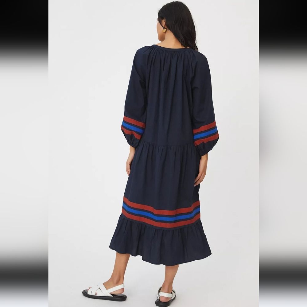 SUNDRY Tiered Midi Dress With Varsity Stripe In Blue Size 0 Or  XS - Picture 15 of 16